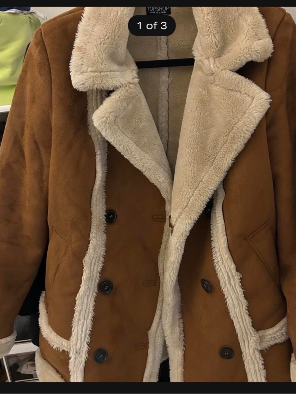 Topshop Brown shearling coat with cream trim